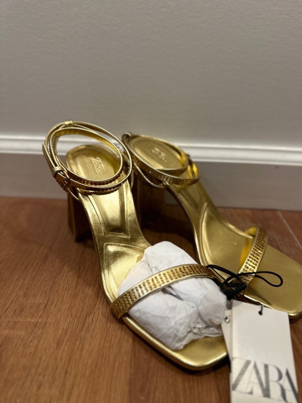 Zara Metallic Gold Block-Heel Sandals with Ankle Strap, Sz 38